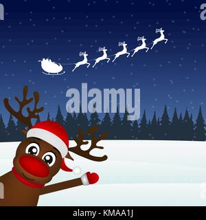 Reindeer waving his paw in the forest of Santa Claus Stock Vector