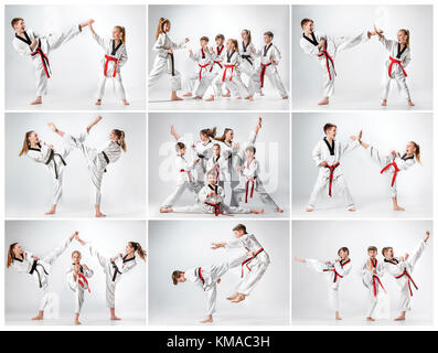 The studio shot of group of kids training karate martial arts Stock Photo