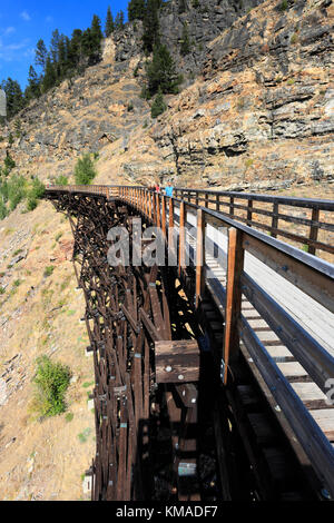 Walkers along the Myra Canyon Trestles railway, Myra Canyon, Kelowna City, Okanagan region, British Columbia, Canada. Stock Photo