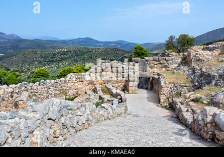 View over the archaeological site at Mycenae with the Lion Gate in the foreground, Mikines, Peloponnese, Greece Stock Photo