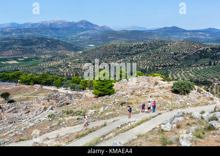 View over the archaeological site at Mycenae from the Citadel, Mikines, Peloponnese, Greece Stock Photo