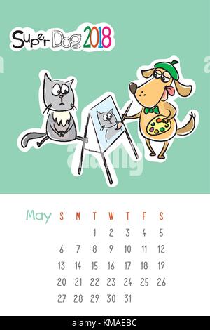 Calendar 2018 with cute funny dog and sad cat Stock Vector