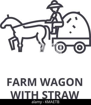 farm wagon with straw line icon, outline sign, linear symbol, flat vector illustration Stock Vector