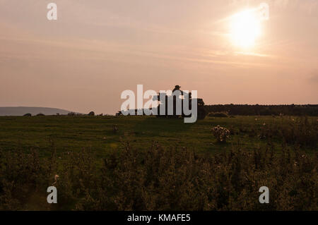 Young man riding a quad (ATV) on farmland in Weardale in County Durham, North East England as the evening light starts to fade. Stock Photo