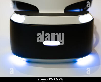 Generic VR virtual reality headset switched on closeup on white background Stock Photo
