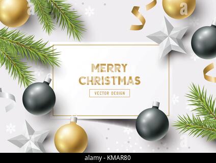 Christmas Composition with fir branches, christmas baubles and snowflakes on a colorful abstract background. Top view vector illustration. Stock Vector
