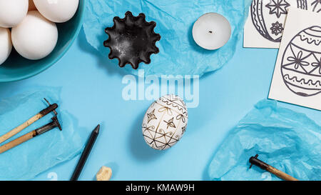Preparation for Easter holiday. Tools for decorating Paschal eggs, Pysankas, with wax-resist dyeing technique, traditional for Eastern European countr Stock Photo