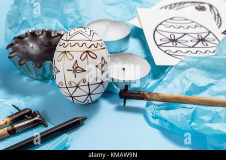 Preparation for Easter holiday. Tools for decorating Paschal eggs, Pysankas, with wax-resist dyeing technique, traditional for Eastern European countr Stock Photo