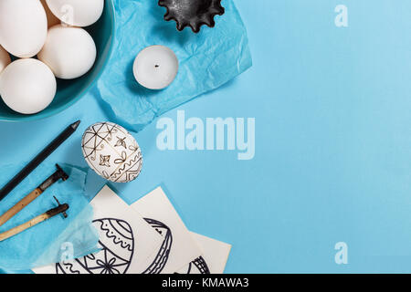 Preparation for Easter holiday. Tools for decorating Paschal eggs, Pysankas, with wax-resist dyeing technique, traditional for Eastern European countr Stock Photo