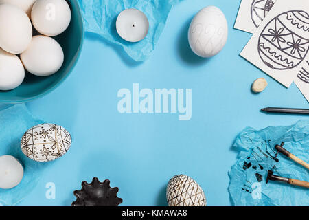 Preparation for Easter holiday. Tools for decorating Paschal eggs, Pysankas, with wax-resist dyeing technique, traditional for Eastern European countr Stock Photo