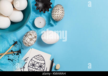 Preparation for Easter holiday. Tools for decorating Paschal eggs, Pysankas, with wax-resist dyeing technique, traditional for Eastern European countr Stock Photo
