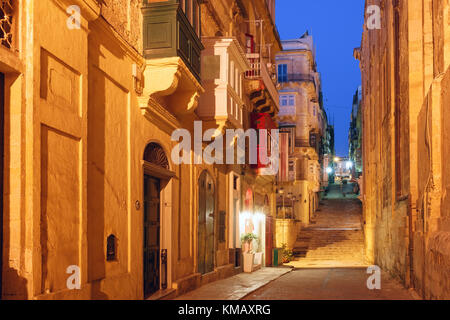 Night street in old town of Valletta, Malta Stock Photo