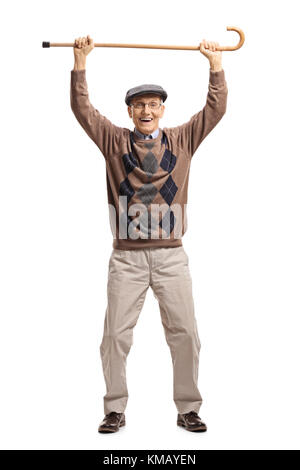Full length portrait of an overjoyed senior with a cane isolated on white background Stock Photo