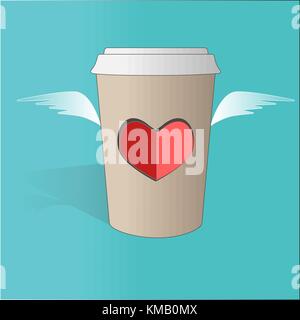 Illustration of flying paper coffee cup with heart and wings on blue background. Valentines day card Stock Vector