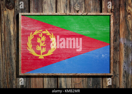 3d rendering of Eritrea flag on a wooden frame over a planks wall Stock Photo