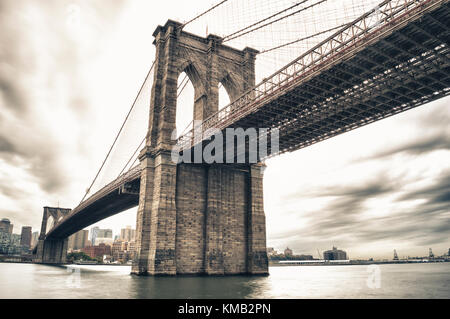 HDR view of Brooklyn Bridge from Manhattan. Stock Photo