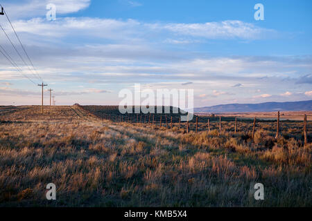 Farm fence running alongside electricity poles with a dirt track between in a picturesque countryside with low hills and grassland at sunset Stock Photo