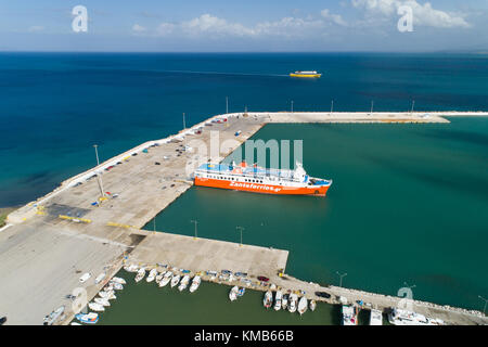 Kyllini, Greece - November 16, 2017: aerial view arrival of the ferry to the Kyllini Stock Photo