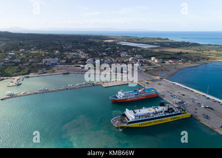 Kyllini, Greece - November 16, 2017: aerial view arrival of the ferry to the Kyllini Stock Photo