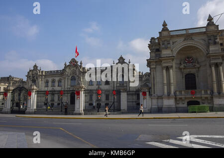 Lima, Peru - December 30, 2014:  The Government Palace known as House of Pizarro, at Plaza de Armas in Lima, Peru Stock Photo