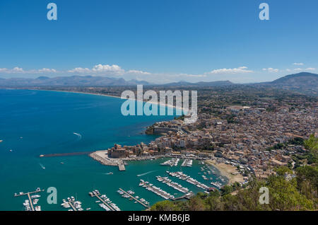 A view from above on the coastal town of Castellammare del Golfo in northern Sicily, Italy Stock Photo
