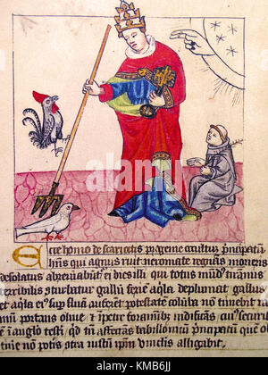 Italy Emilia Romagna Bologna  Archiginnasio Library Pope Boniface VII with a trident tries to hit the dove that represents the church defended by the rooster, blessed by the hand of God. The rooster symbolizes the French monarchy that opposed his doctrines. The little friar is Celestine IV incarcerated Stock Photo