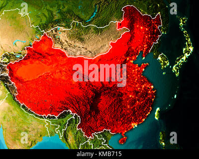 China in the morning highlighted in red on planet Earth with visible border lines and city lights. 3D illustration. Elements of this image furnished b Stock Photo