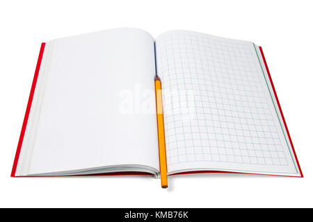 Blank and square notebook whit a yellow pencil and red cover isolated  on a white background Stock Photo