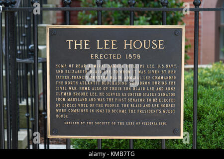 Plaque outside the Lee House, part of the President's Guest House, Pennsylvania Aveune, Washington DC, United States. Stock Photo