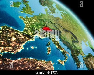 Satellite morning view of Switzerland highlighted in red on planet Earth. 3D illustration. Elements of this image furnished by NASA. Stock Photo