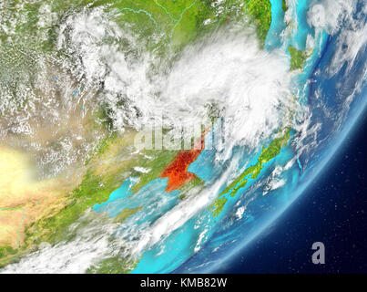 Satellite view of North Korea highlighted in red on planet Earth with clouds. 3D illustration. Elements of this image furnished by NASA. Stock Photo