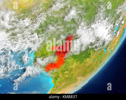 Satellite view of Congo highlighted in red on planet Earth with clouds. 3D illustration. Elements of this image furnished by NASA. Stock Photo