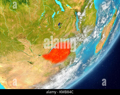 Satellite view of Zimbabwe highlighted in red on planet Earth with clouds. 3D illustration. Elements of this image furnished by NASA. Stock Photo