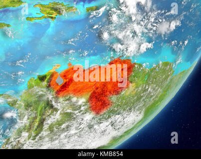 Satellite view of Venezuela highlighted in red on planet Earth with clouds. 3D illustration. Elements of this image furnished by NASA. Stock Photo