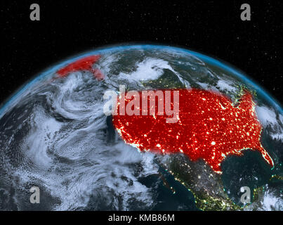 Satellite night view of USA highlighted in red on planet Earth. 3D ...