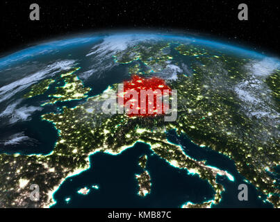 Satellite night view of Germany highlighted in red on planet Earth with clouds. 3D illustration. Elements of this image furnished by NASA. Stock Photo