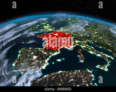 Satellite night view of France highlighted in red on planet Earth with clouds. 3D illustration. Elements of this image furnished by NASA. Stock Photo