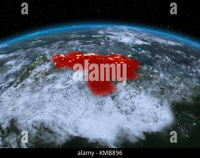 Satellite night view of Venezuela highlighted in red on planet Earth with clouds. 3D illustration. Elements of this image furnished by NASA. Stock Photo