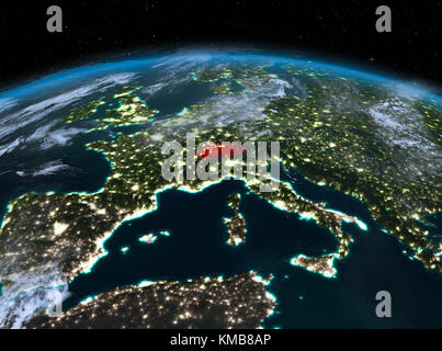 Satellite night view of Switzerland highlighted in red on planet Earth with clouds. 3D illustration. Elements of this image furnished by NASA. Stock Photo