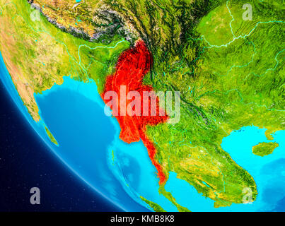 Myanmar highlighted in red on planet Earth. 3D illustration. Elements of this image furnished by NASA. Stock Photo