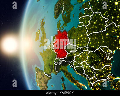 Illustration of Germany as seen from Earth’s orbit during sunset with visible country borders. 3D illustration. Elements of this image furnished by NA Stock Photo