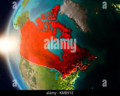 Illustration of Canada as seen from Earth’s orbit during sunset with visible country borders. 3D illustration. Elements of this image furnished by NAS Stock Photo