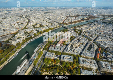 View of the city of Paris on a sunny day in early autumn from the 3rd, top level of the Eiffel Tower Stock Photo