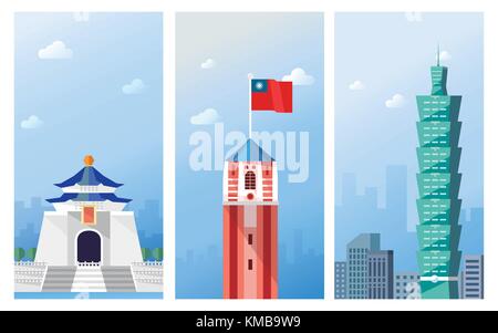 Taiwan travel concept, famous attraction in Taipei in flat design Stock Vector