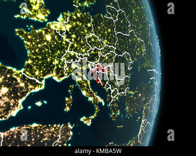 Map of Croatia in red as seen from space on planet Earth at night with white borderlines and city lights. 3D illustration. Elements of this image furn Stock Photo