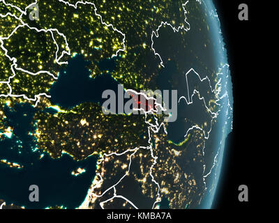 Map of Georgia in red as seen from space on planet Earth at night with white borderlines and city lights. 3D illustration. Elements of this image furn Stock Photo