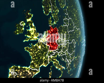 Map of Germany in red as seen from space on planet Earth at night with white borderlines and city lights. 3D illustration. Elements of this image furn Stock Photo