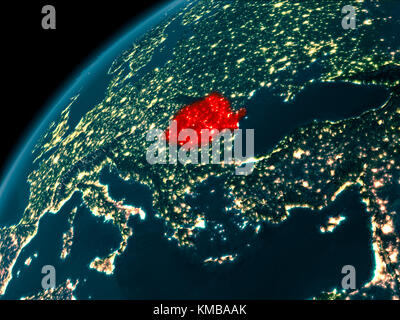 Night map of Romania as seen from space on planet Earth. 3D illustration. Elements of this image furnished by NASA. Stock Photo