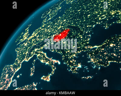 Night map of Hungary as seen from space on planet Earth. 3D illustration. Elements of this image furnished by NASA. Stock Photo