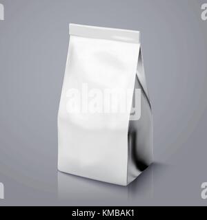 Coffee Bean package mockup, silver foil packet in 3d illustration for design uses Stock Vector